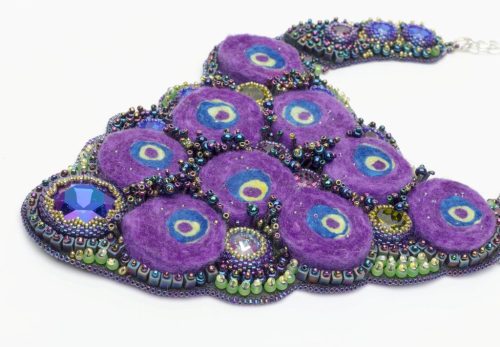 Peacock felted and beaded necklace and earrings - Julie Roberts