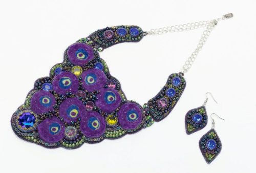 Peacock felted and beaded necklace and earrings - Julie Roberts